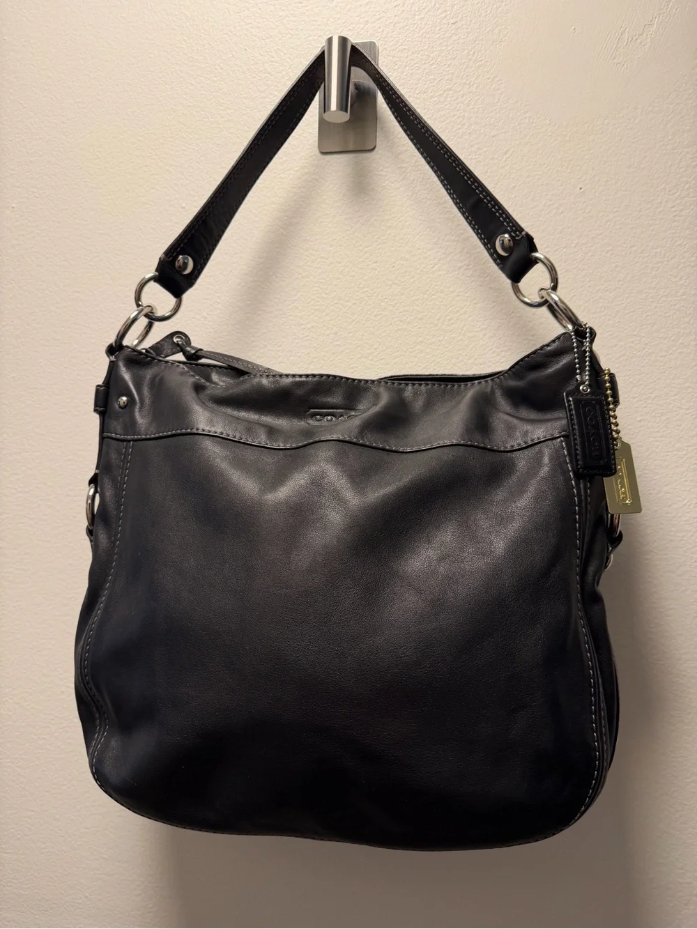 COACH XL Black Buttery Leather Handbag White Topstitching EUC